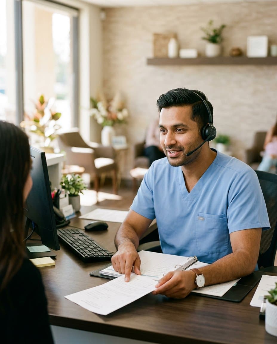 A dental receptionist with a headset at the front desk