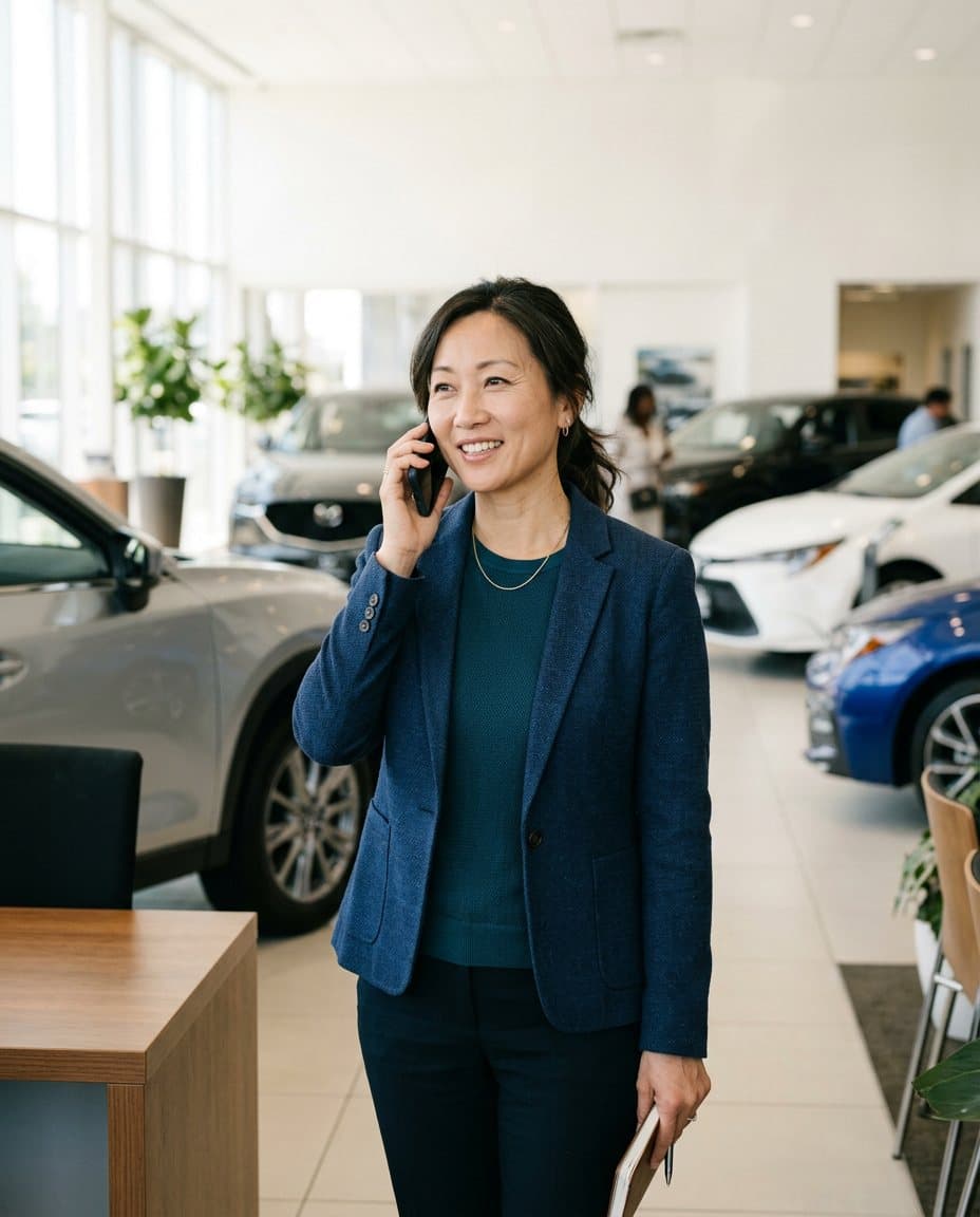 A car salesperson on the phone in a showroom